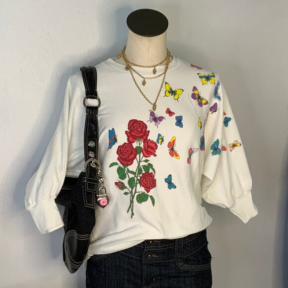 Vintage Butterfly Rose White Sweatshirt Grandmacore Maxmalist Cottagecore - Picture 1 of 9